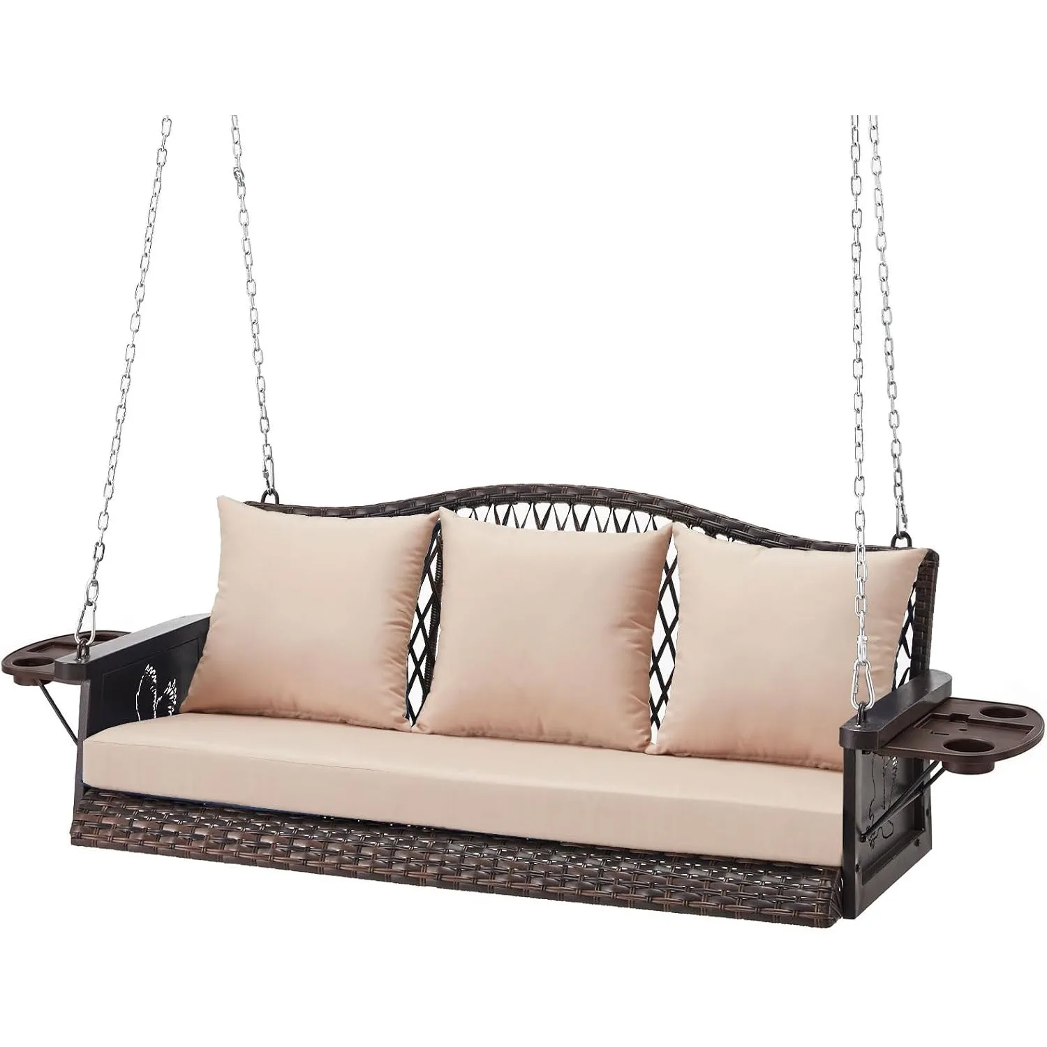 Upgraded Wicker Hanging Porch Swing Heavy Duty 900lbs 3-Seat Outdoor Patio Swing Chair Bench for Adult w/ 8.9ft Hanging Chains Cushions and Cup Holder