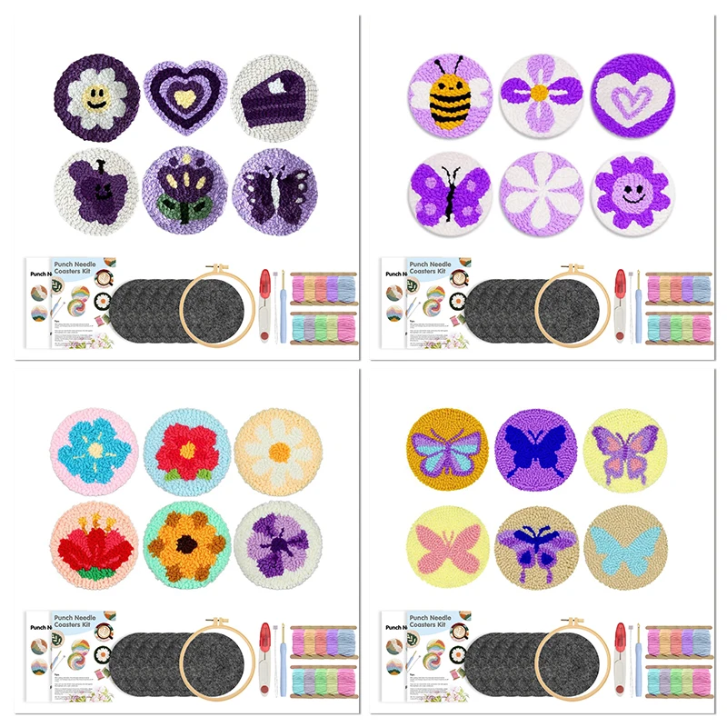 

6Pcs Butterfly Flowers Punch Needle Coaster Kit DIY Coaster Making Set Felt Yarns Embroidery Kit for Adult Beginner Home Decor