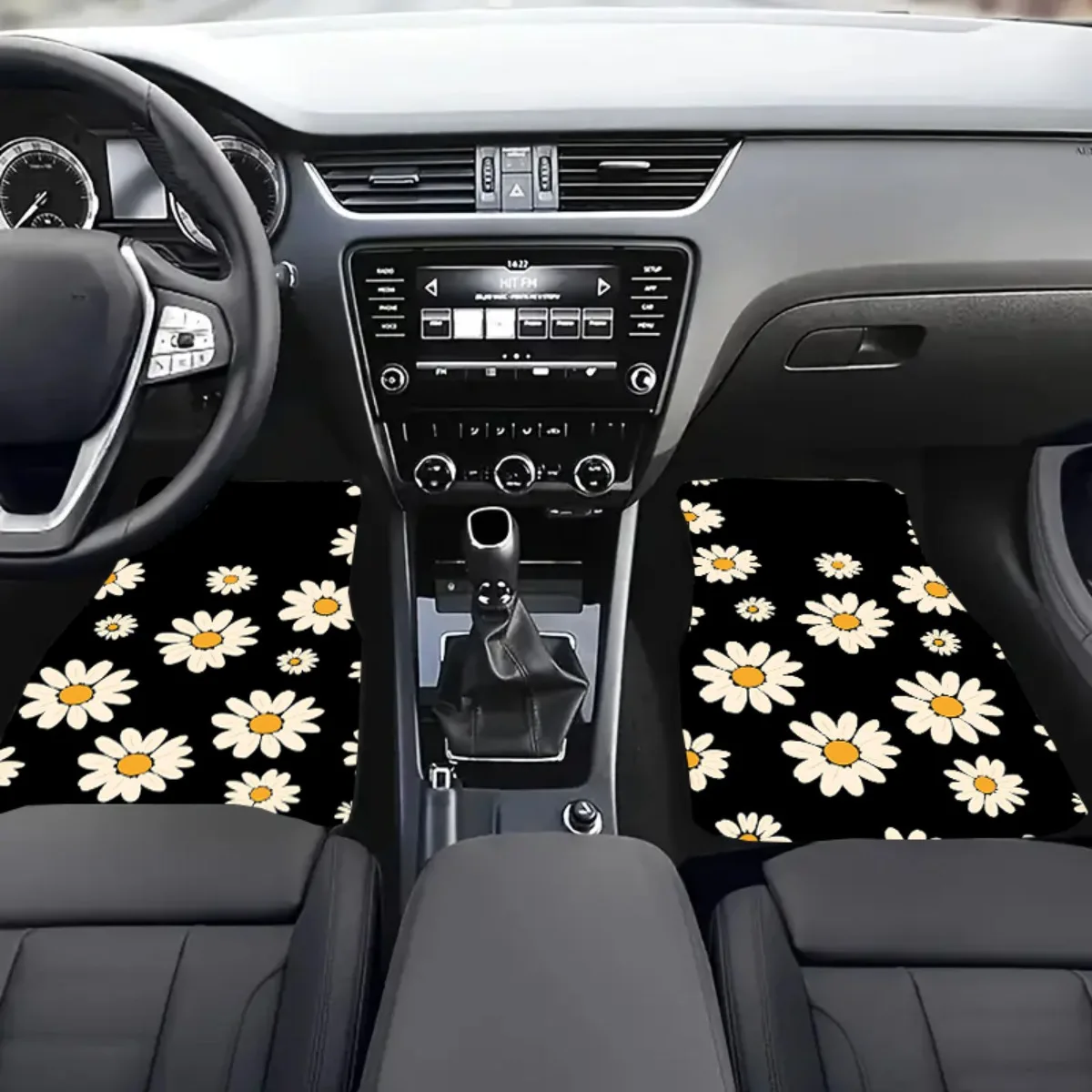 Set Of 4 Car Floor Mats With A Daisy Design, Suitable For All Seasons And Compatible With Front And Rear Seats Of Any Vehicle.