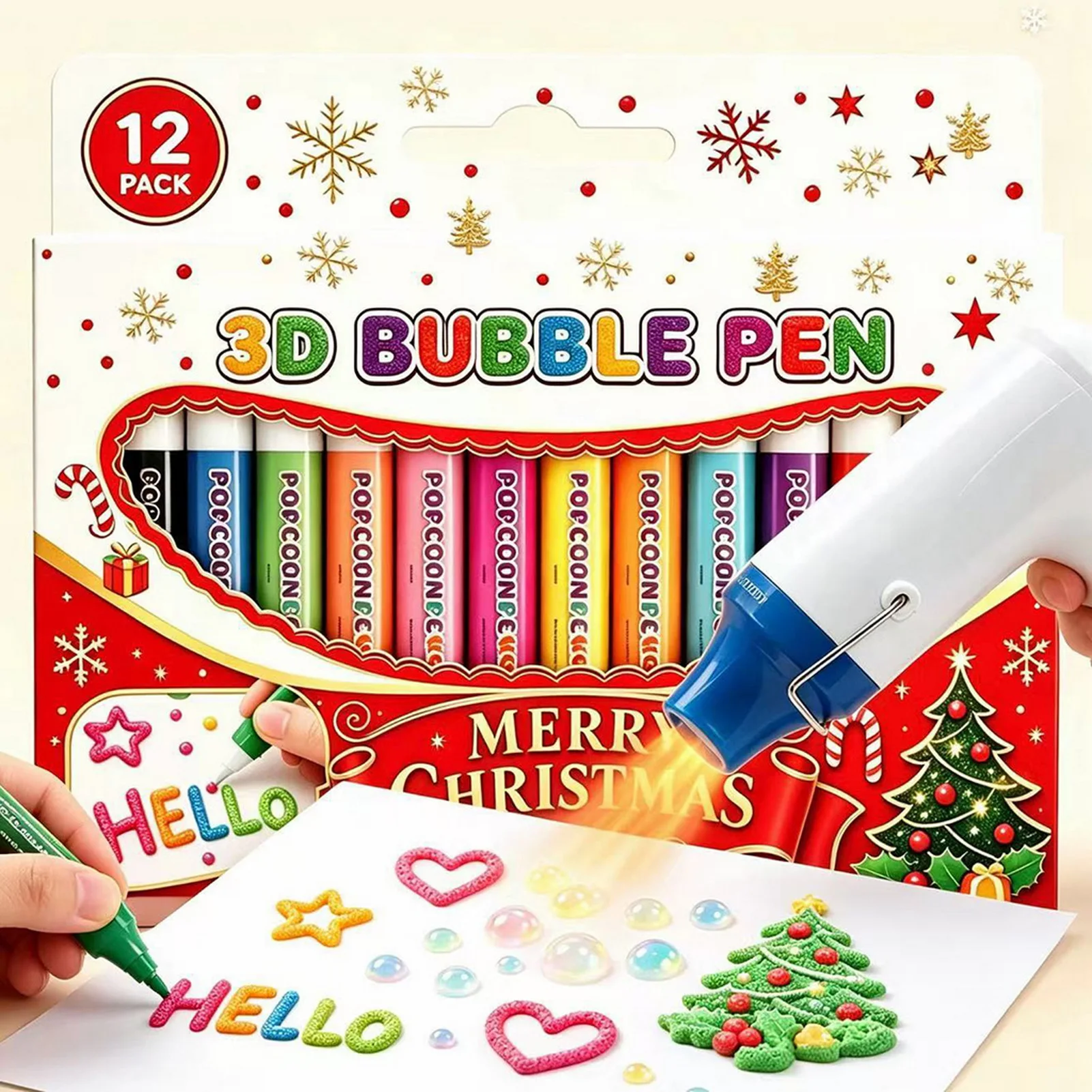 3D Bubble Pens Colorful Art Markers for Kids Water-color Pen Set 12 Colors Water Based Ink Merry Christmas Gift for Children