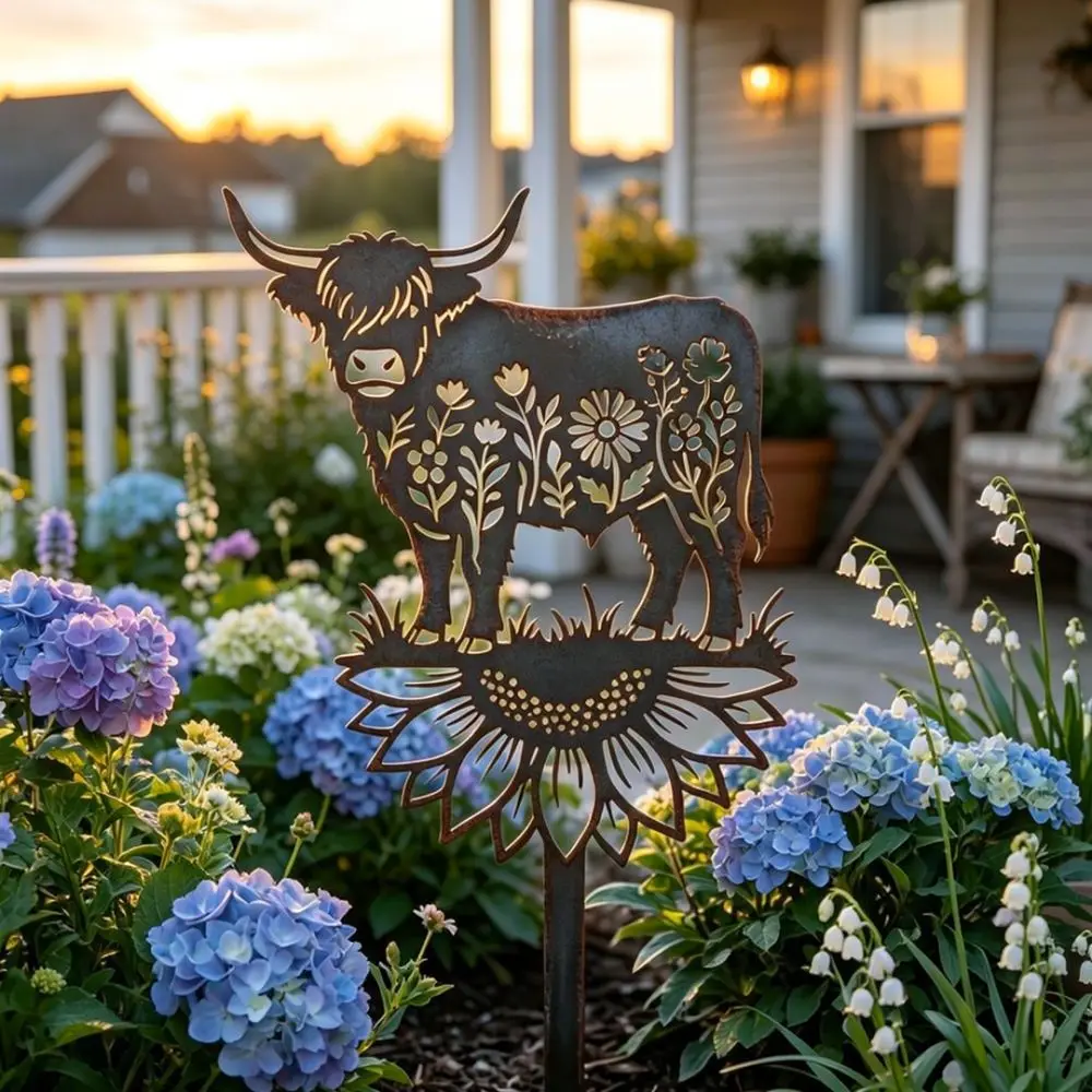 Rustic Iron Highland Cow Garden Decor Metal Animal Stake Outdoor Yard Ornament Decorative Flowerbed Signage