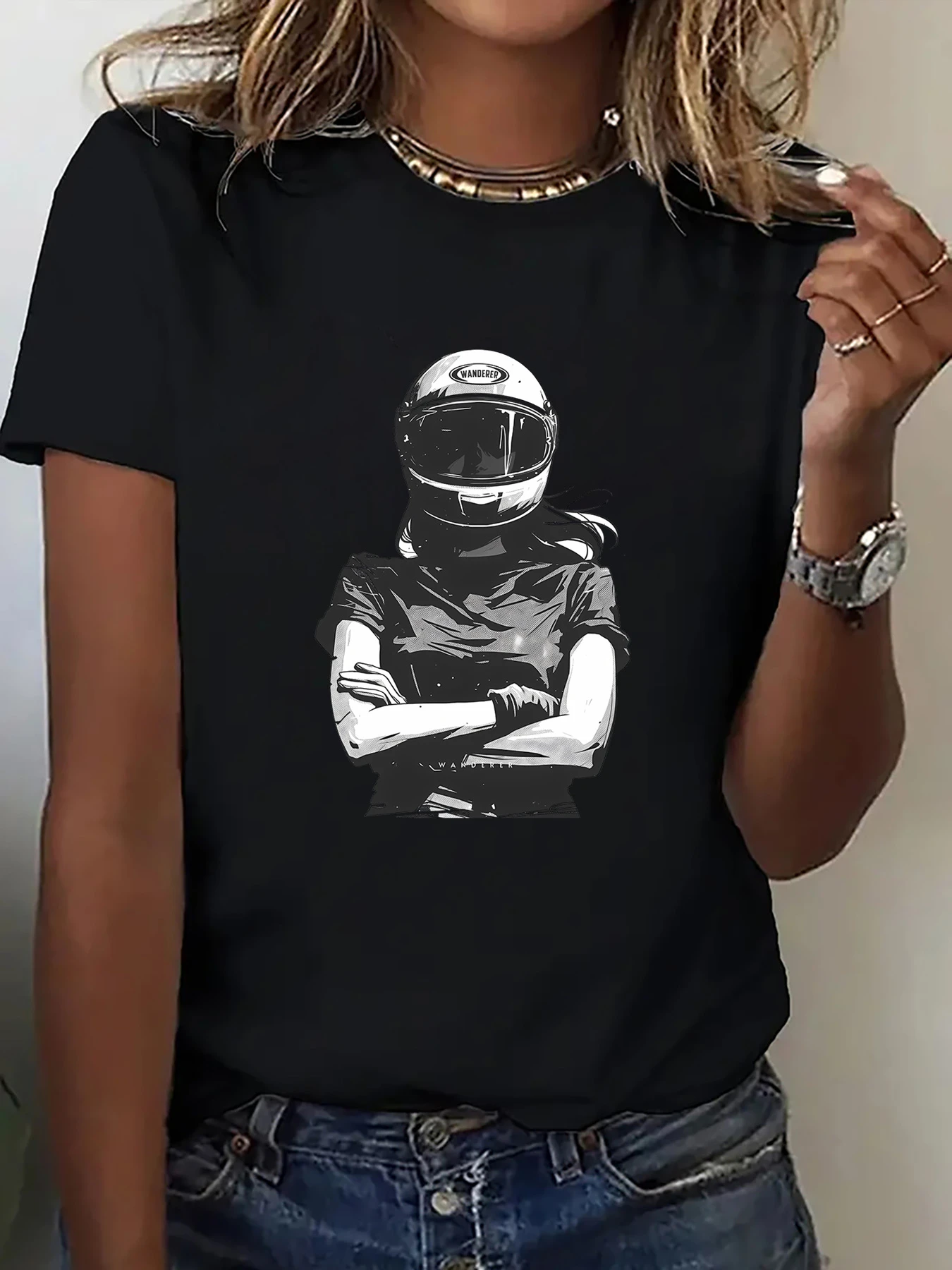 Women's Motorcycle Rider Graphic Print Tee Casual Round Neck Short Sleeve Summer Comfortable Breathable Harajuku Women Clothing