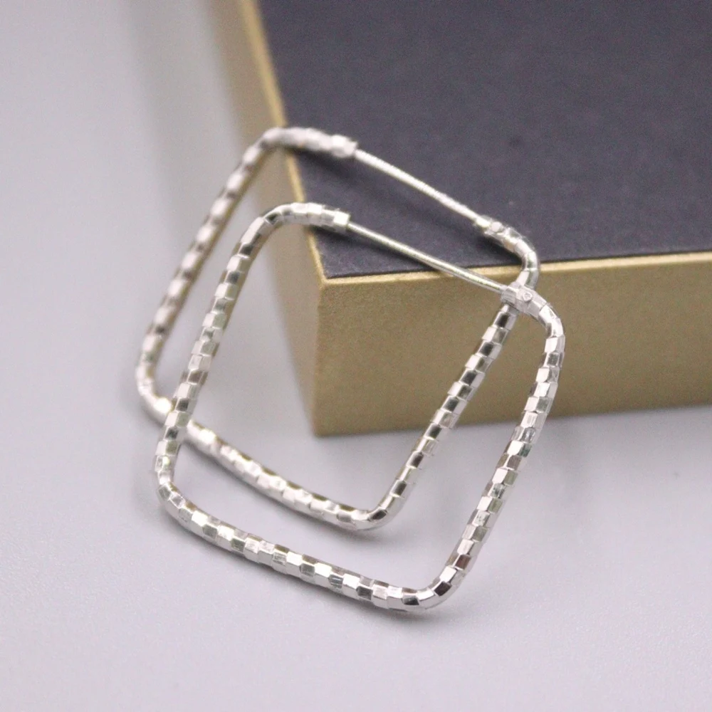 

Real Solid 925 Sterling Silver Hoop Men Women Gift Lucky Carved Grid Round Square Earrings