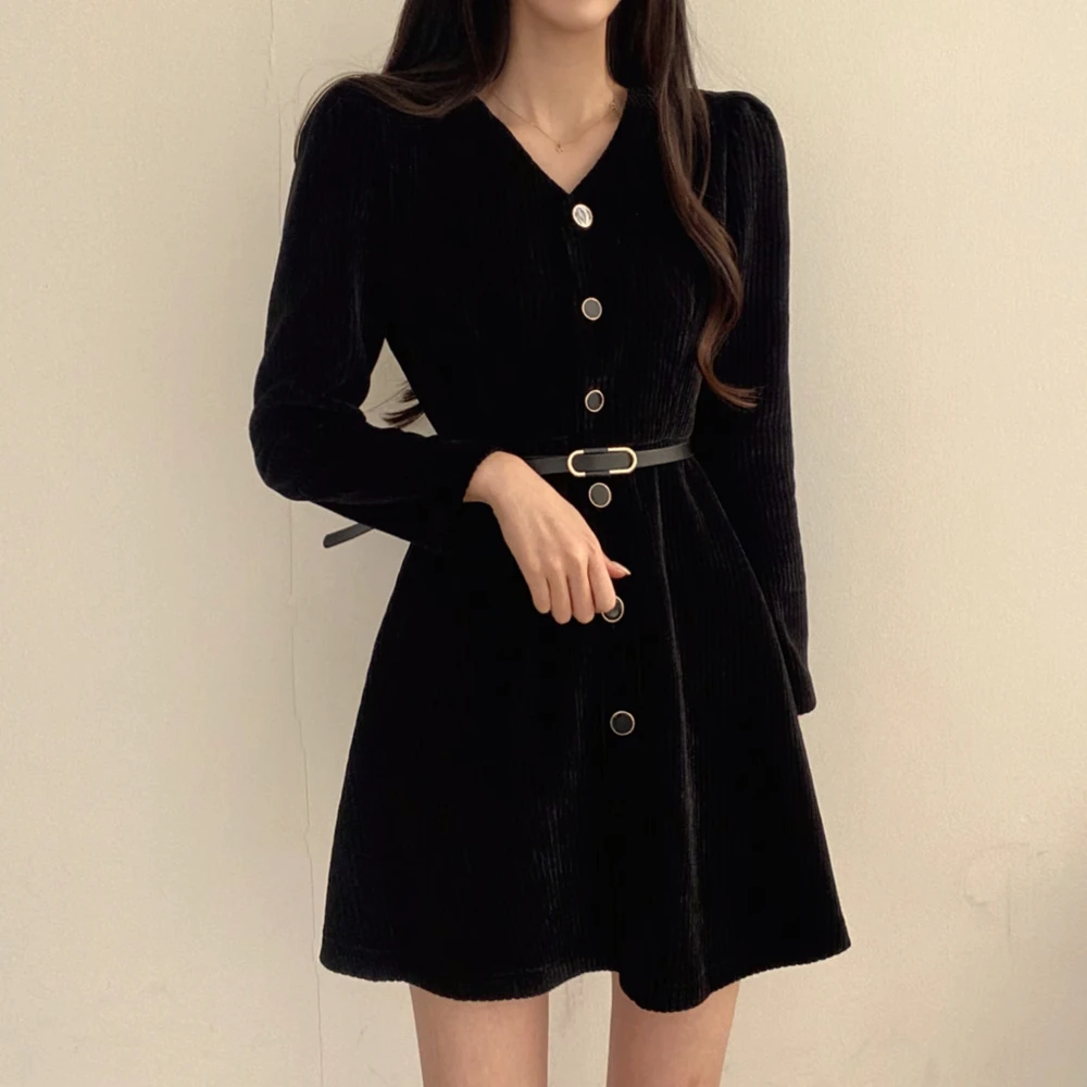 

Long Sleeve Knitted Mini Dress Solid V-Neck Single Breasted Bodycon Sweater Dresses 2024 Spring Elegant Women's Short Vestidos