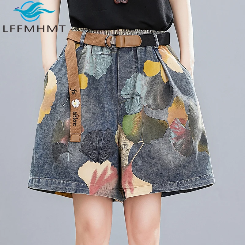 

Женские летние модные винтажные свободные повседневные джинсовые шорты с принтом листьев гинкго, женские тонкие широкие шорты с эластичной резинкой на талии