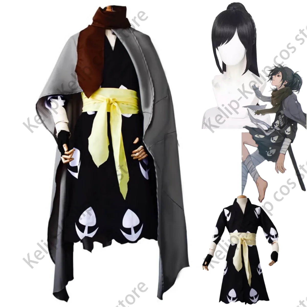 Costume de Cosplay Anime Dororo Hyakkimaru pour Homme Adulte, Perruque Unisexe Everak, Kimono Kokor, Robe Noire, Halloween, Noël, Trempé