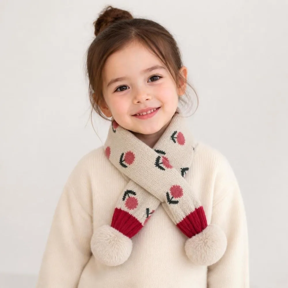 Jacquard Pattern Children Knitted Scarf Flower Print Pompon Girls Scarf Windproof Thick Boys Anti-Cold Scarf