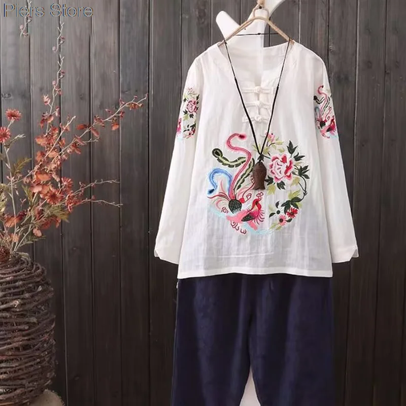 Jesień kobiety nadruk retro eleganckie koszule Qipao tradycyjny chiński styl Cheongsam topy moda Vintage luźna bluzka szaty płaszcz