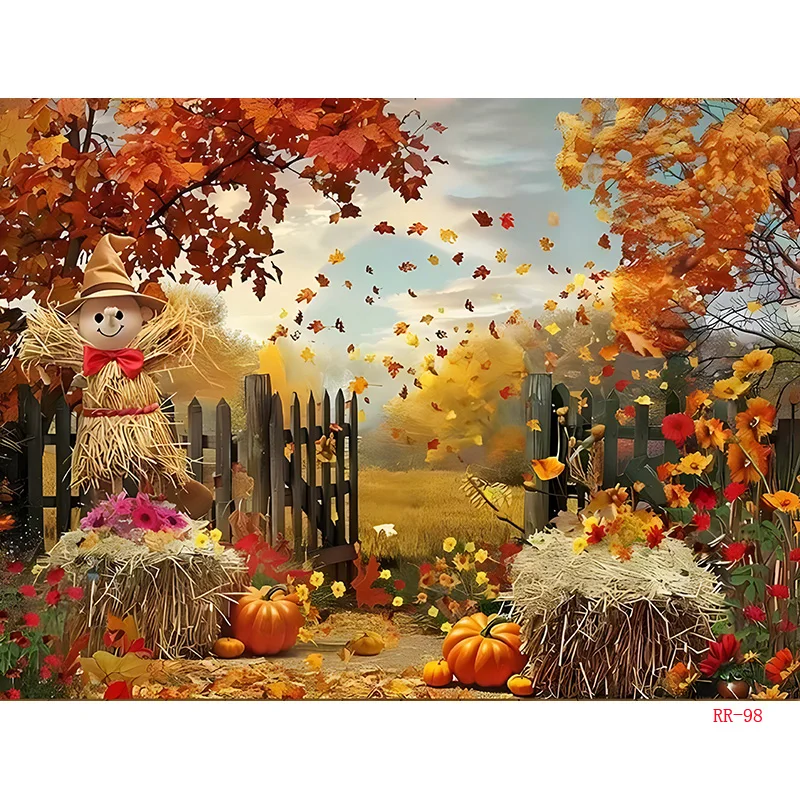 Giorno di Halloween Zucche autunnali Fondali fotografia Puntelli Foglia d'acero Spaventapasseri Fattoria Raccolta Sfondo del Ringraziamento RR-13