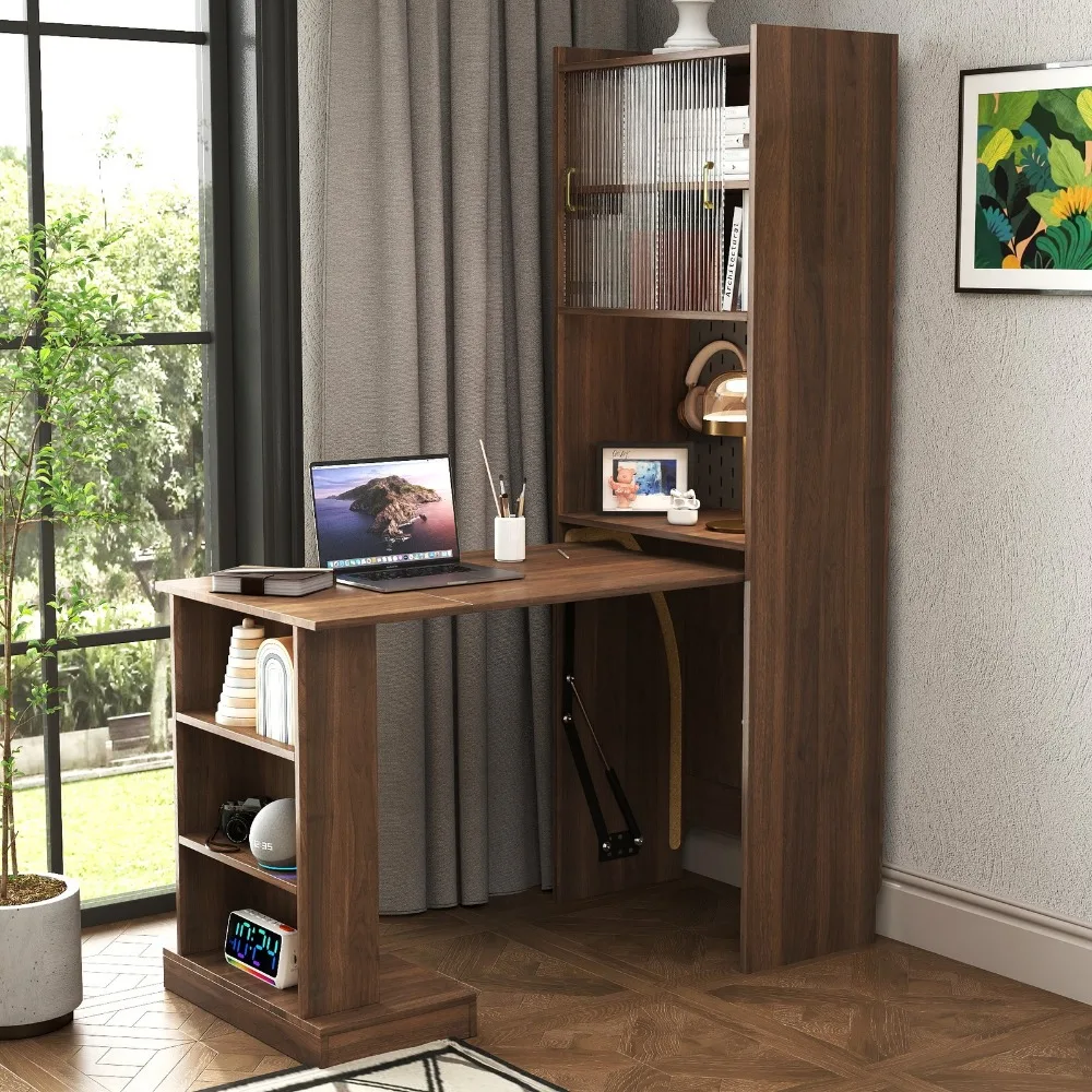 

Convertible Folding Computer Desk w/Sliding Glass Doors, Open Shelves & Pegboard