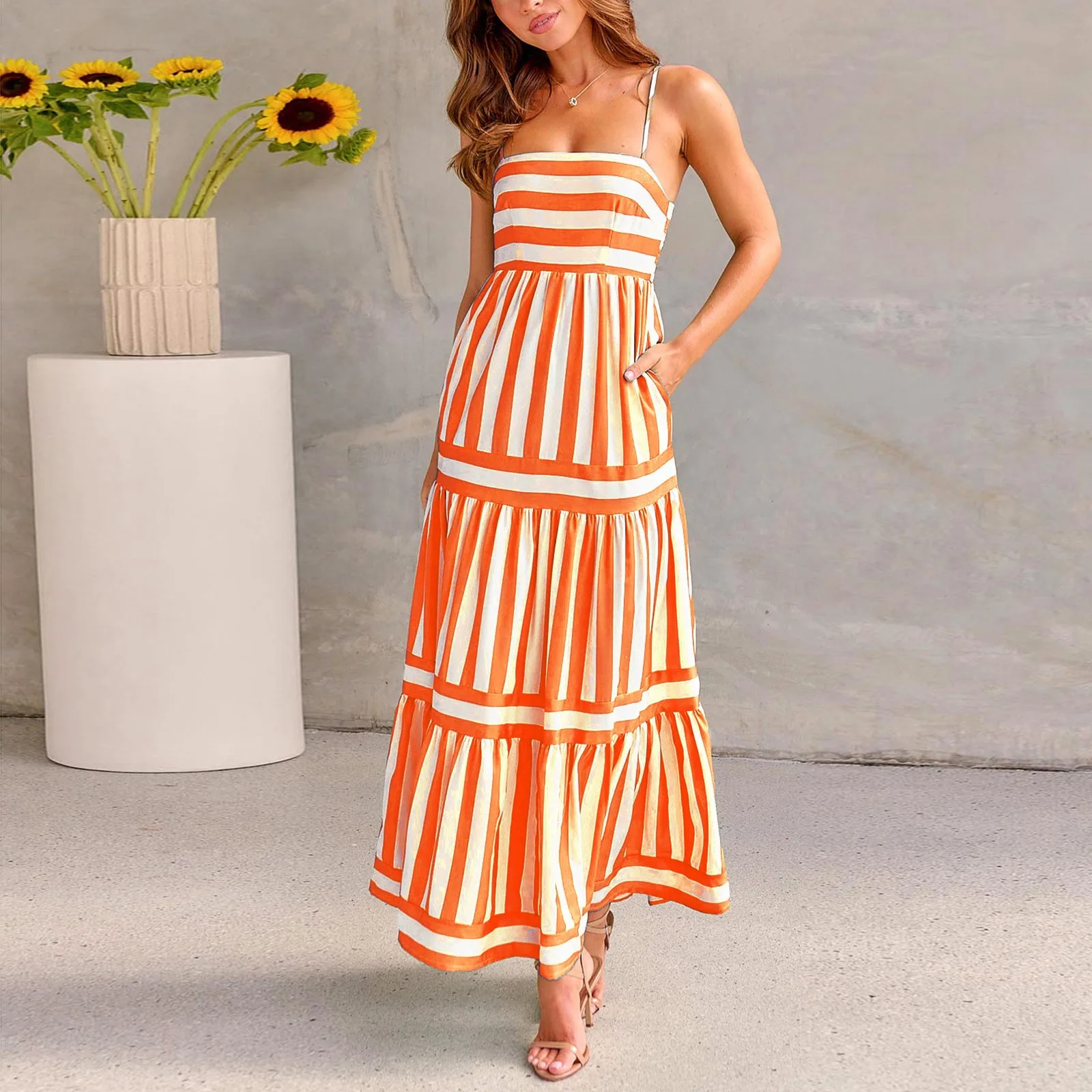 Moda donna Boho colorato Spaghetti Strap Dress Summer Vacation Beach Long Sundress Striped Flowy Cami Maxi Dress Vestidos