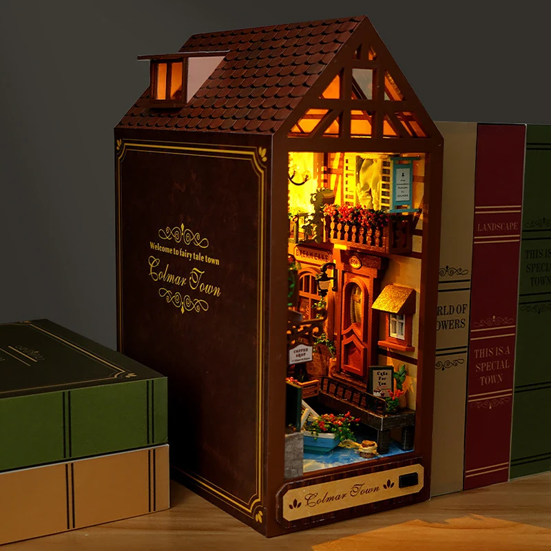 Zestaw półek na książki domek dla lalek drewniany podświetlany DIY Book Nook Kit 3D Puzzle montaż Model budynku Bookends prezenty urodzinowe dla dorosłych