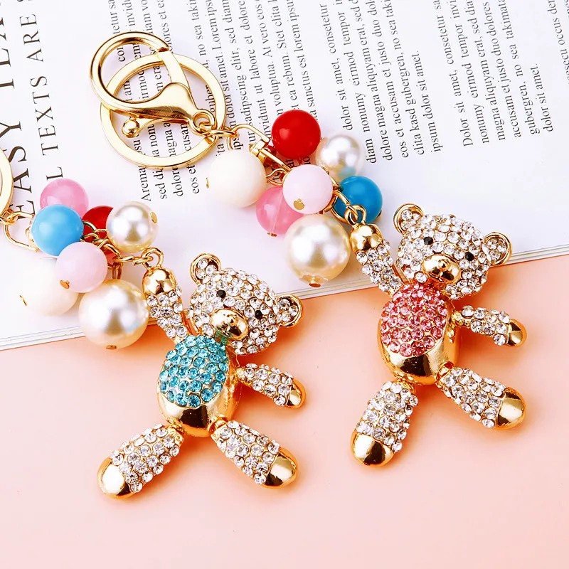 Unique Fun Bear Keychain Gift For Girls Pure Handmade DIY Artificial Diamond Cute Bear Car Keychain Pendants And Bag Ornaments