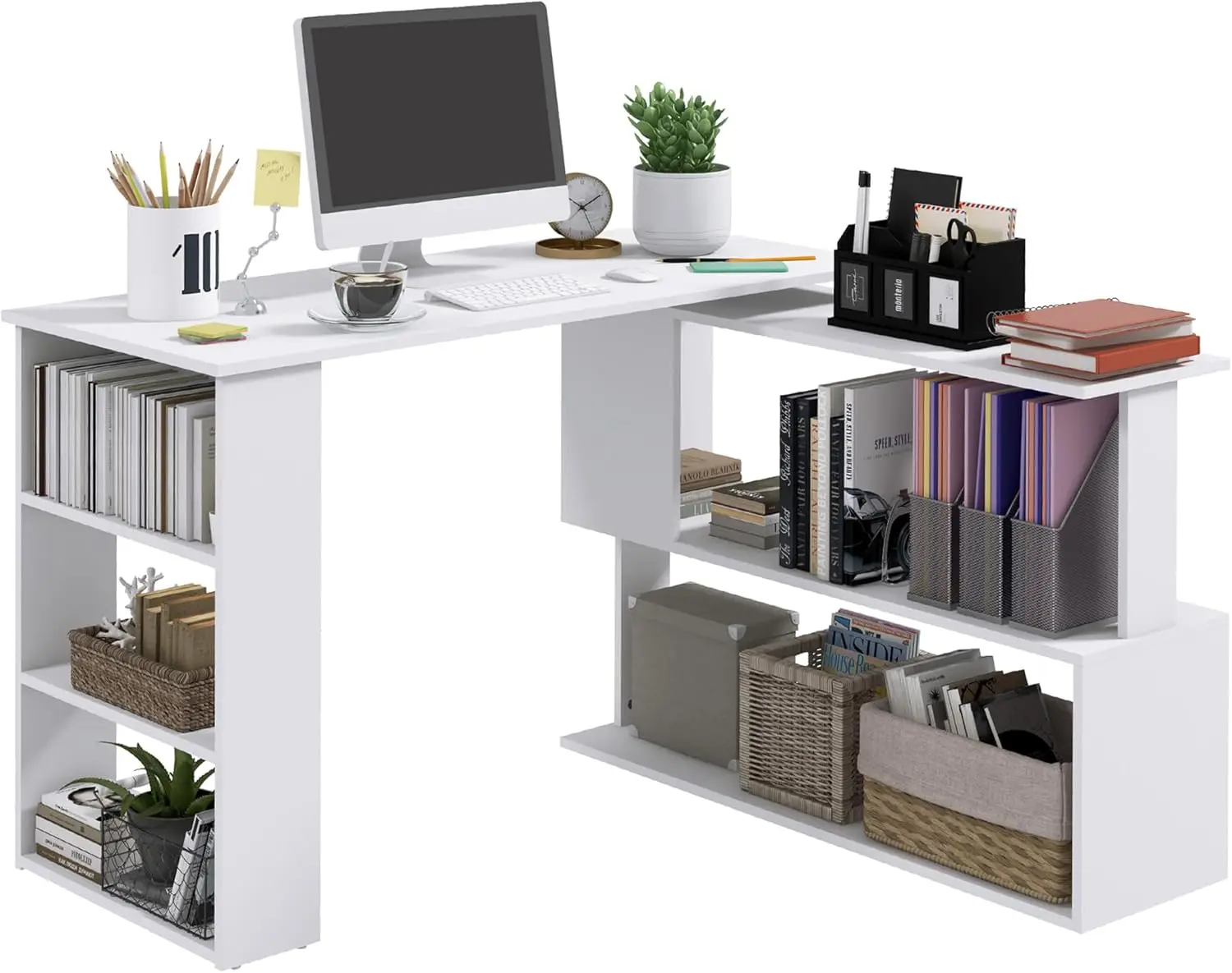 

L Shaped Desk, Corner Computer Desk, 360 Degree Rotating Home Office Desk with Storage Shelves, Writing Table Workstation