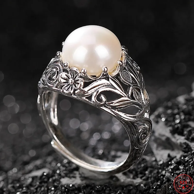 Genuine S925 Sterling Silver Rings for Women New Fashion Round Freshwater Pearl Hollowed Out Eternal Vine Ring Adjustable