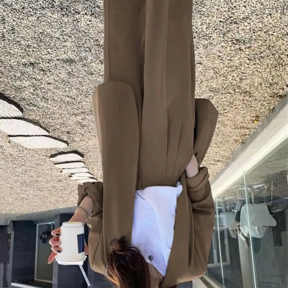 

2 Pcs/Set Lady Formal Coat Pants Set Long Sleeves Open Stitch Cardigan Mid Length Jacket Loose Straight Wide Leg High Waist Trou