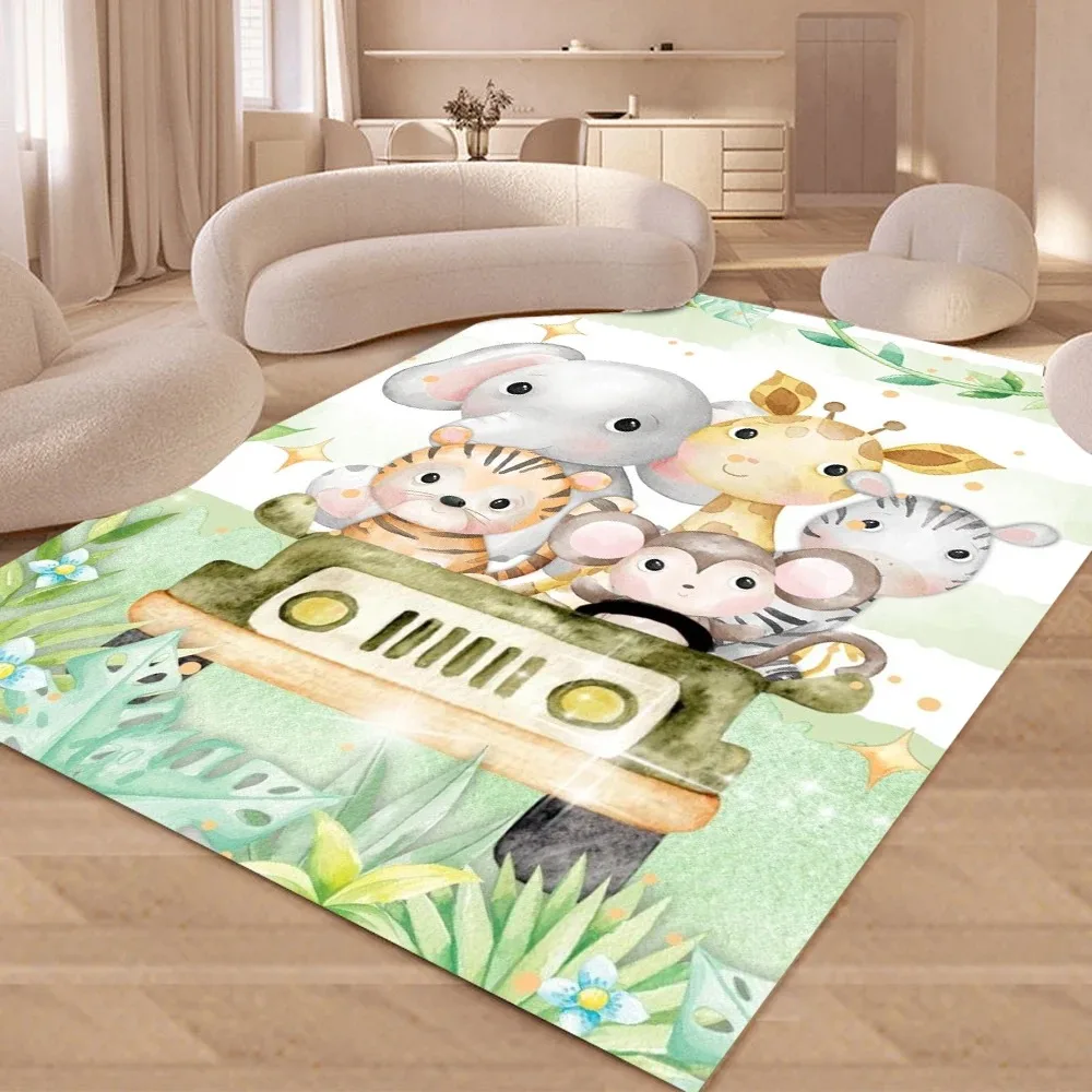 3D Jungle Animals Printed Rugs Cartoon Floral Safari Animals Rug for Bedroom Livingroom Non-slip Carpet Kids Room Area Rug Decor