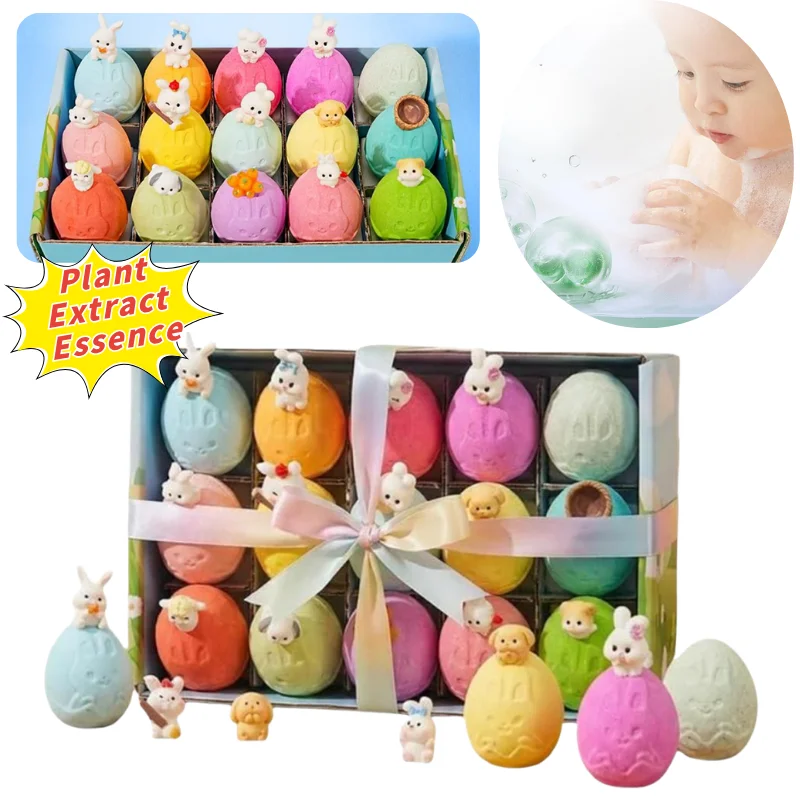 15Pcs/Set Easter Egg Shape Bath Bombs With Surprise Bunny Toys Natural Organic Plant Essence Bath Salt Balls Relaxing Spa Gift