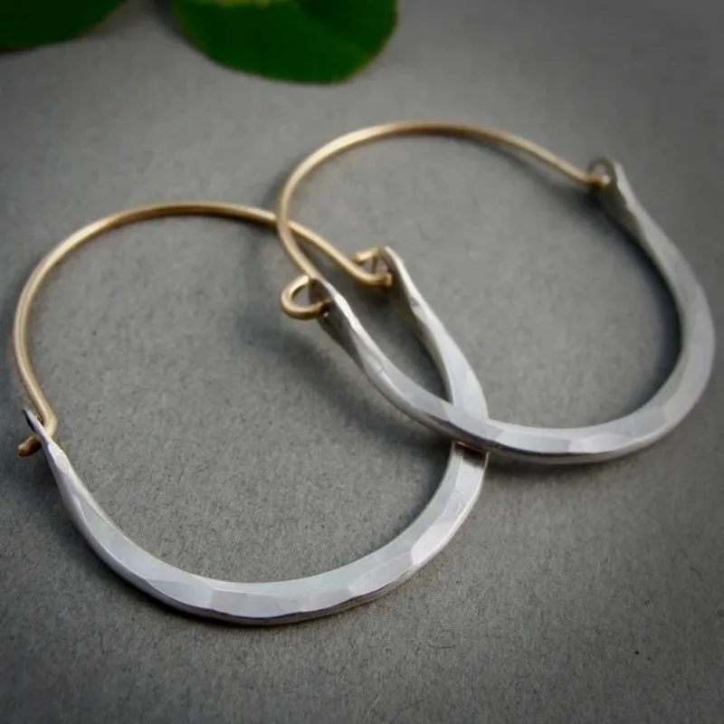 Large Minimalist Copper Hoops, Hammered Silvery Earrings, Two Tone Hoops, Siren Jewels, Gifts for Her