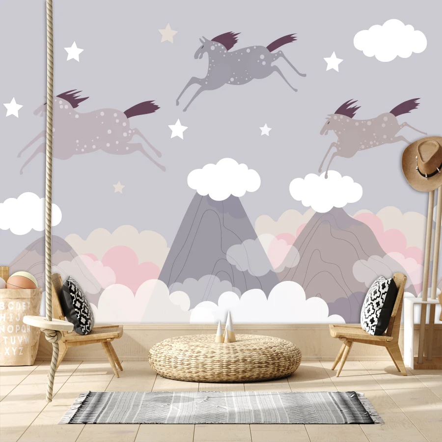 

Современные самоклеящиеся виниловые обои для гостиной, детской комнаты, спальни, настенный декор, фотообои с изображением облаков и скачущих лошадей