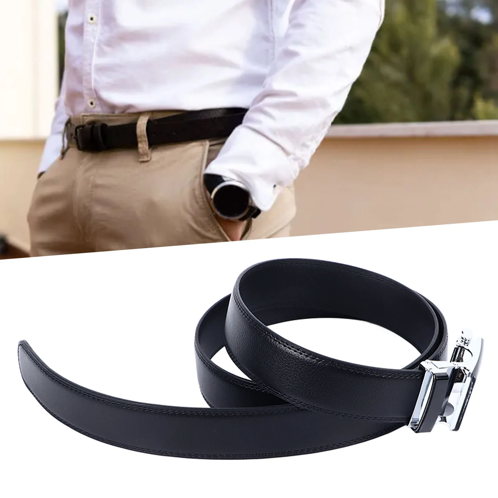 110‑130cm Adjustable Cow Leather Belt Black Automatic Buckle Handmade Mens Belts For Work Business