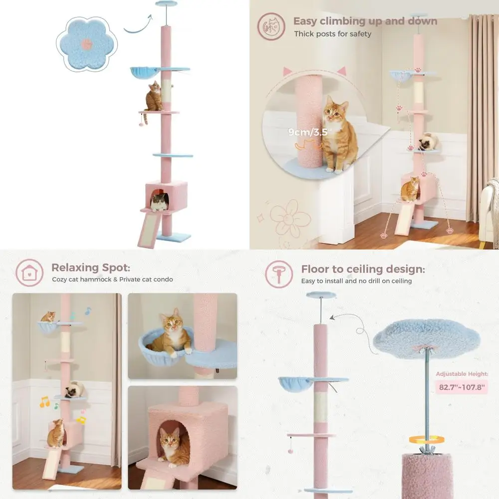 

5-уровневая кошачья башня с регулируемой высотой, когтеточками и верхними жердонами для просторных игр