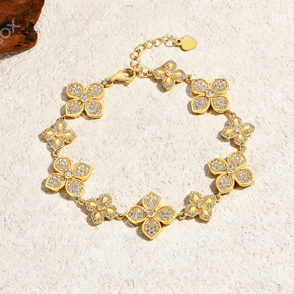 

MINTYBOX S925 Silver Flower Lab Moissanite Bracelets Clover Diamond Bracelet 18k Gold Plated Birthday Gift for Women