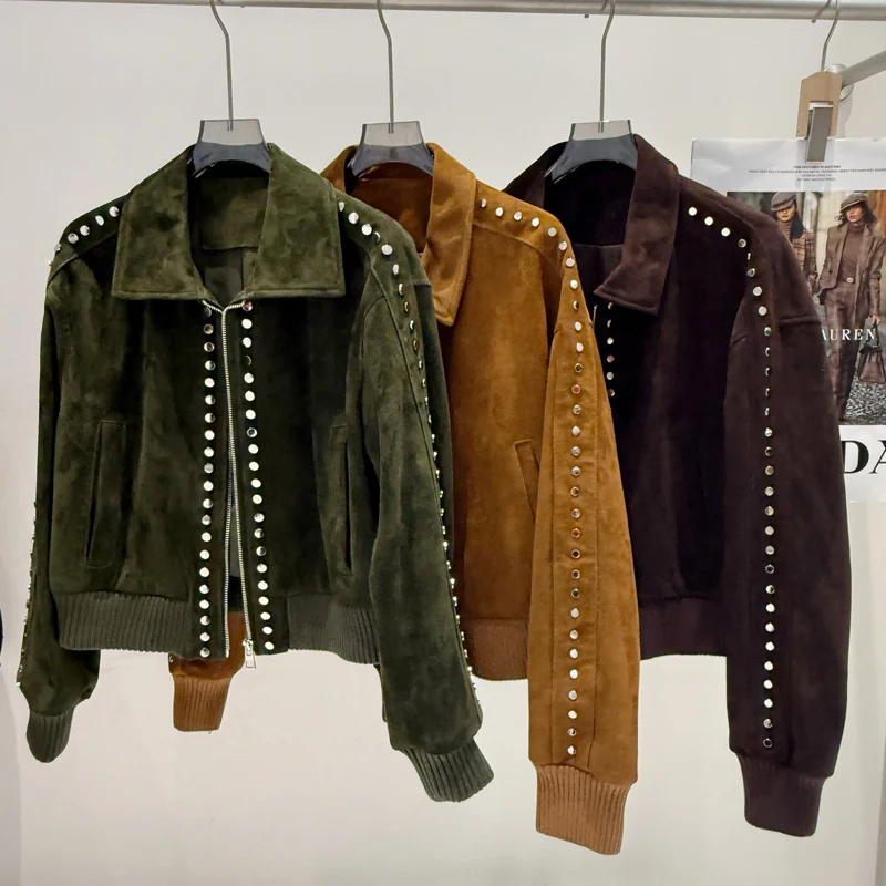 Vintage Women's Genuine Kid Suede Leather Jacket 2025 Rivet Stylish Coat Green Leather Bomber Jacket Baseball Uniform Mujer Ropa