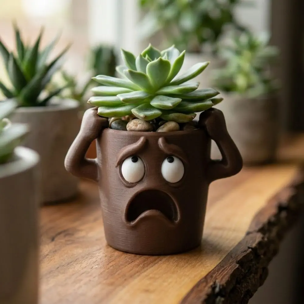 3D Printed Funny Face Succulent Planter Novelty Humorous Face Shocked Expression Plant Pot Plastic Lifelike