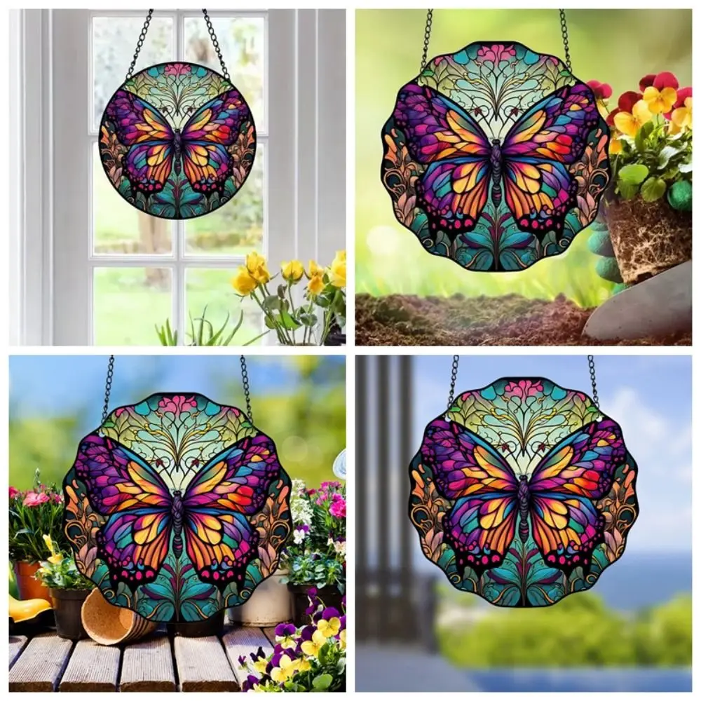 Acrylic Butterfly Painted Window Decoration Colorful Round Hanging Wall Decoration Creative Exquisite Stained Window Suncatcher