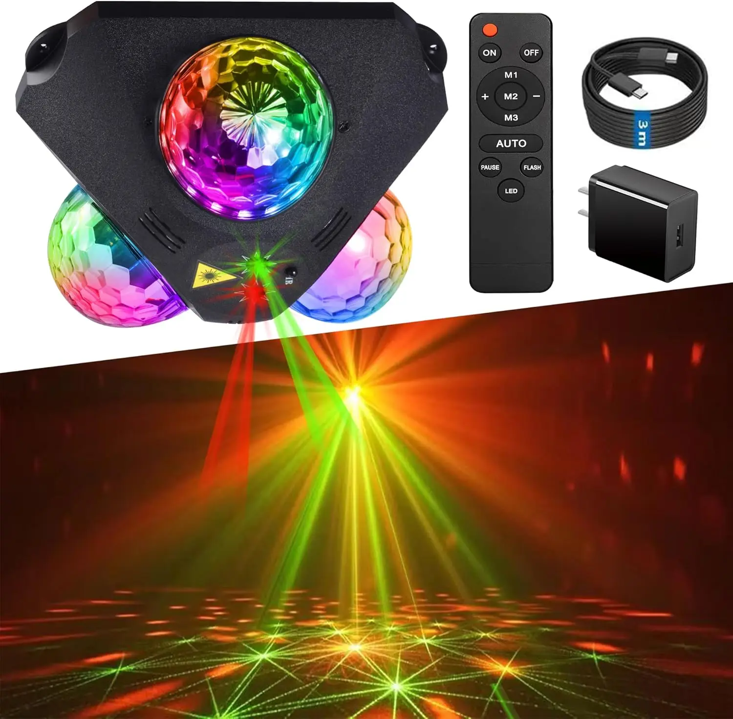 

4 in 1 Disco Ball DJ Party Lights, 3 RGB Disco Lights+Red and Green Lamp Strobe Lighting for Home