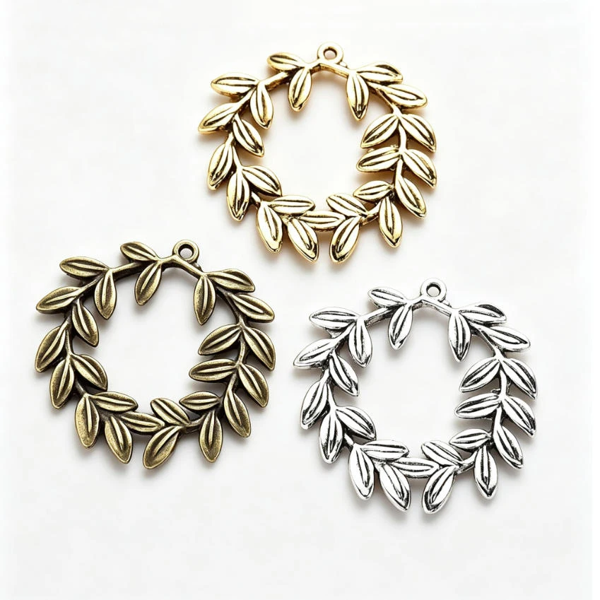 100 Pcs/lot Round Leaf Wreath Pendant Vintage Metal Leaf Charms Alloy Olive Branch Frame Connector DIY Jewelry Making Supplies