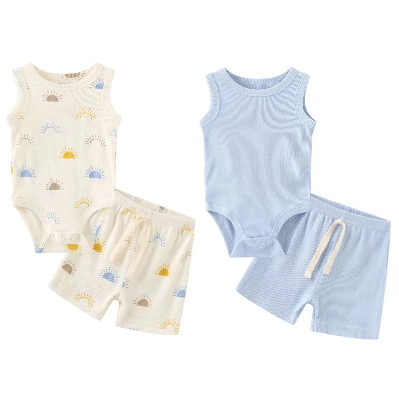 

Unisex 100%cotton Baby Boy Clothes Sets 4 Pieces Bodysuits+Shorts 0-12M Baby Girl Clothes Summer Sleeveless Pajamas Sets