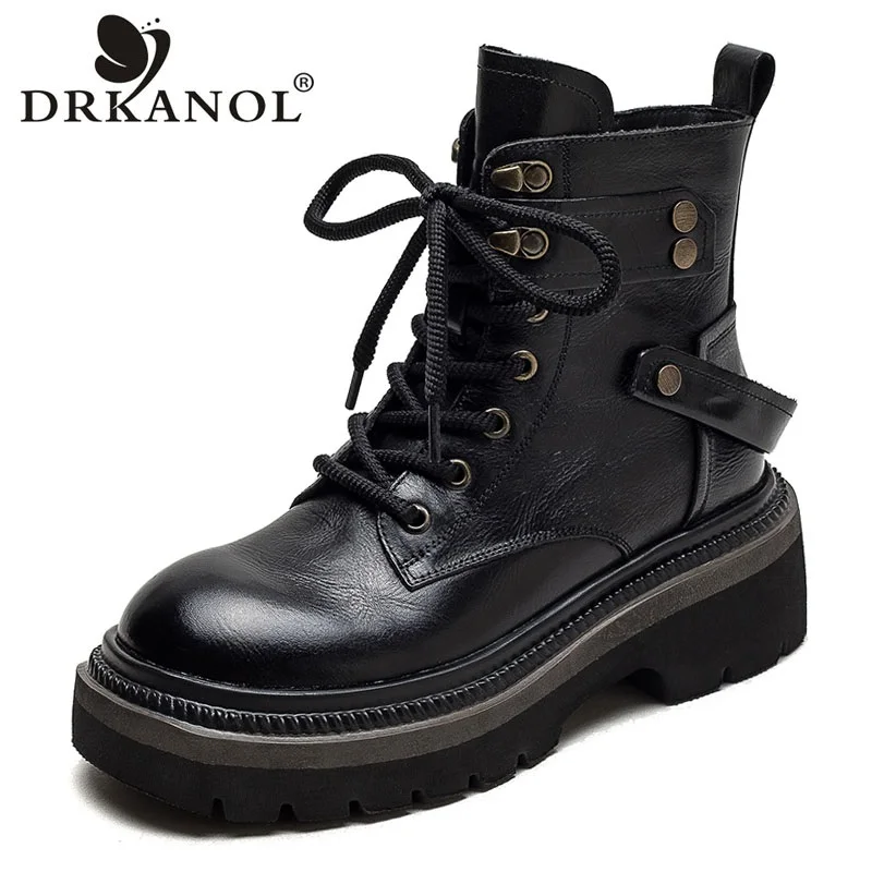 

DRKANOL Luxury Design Trend Short Boots Women Handmade Retro British Style Genuine Cow Leather High Heel Platform Ankle Boots