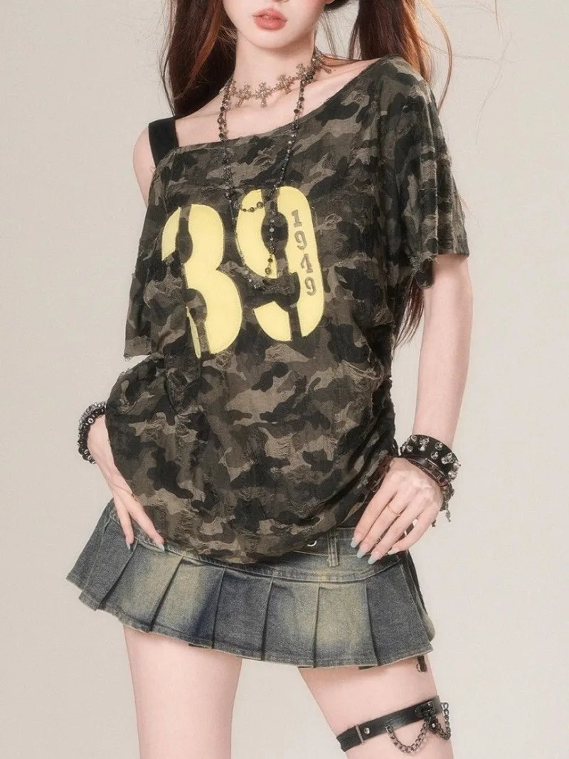 

Retro Camo T Shirt Off Shoulder Women Camouflage 39 Printed Y2K Asymmetric Drawstring Short Sleeve Top One Shoulder T-shirt 2025