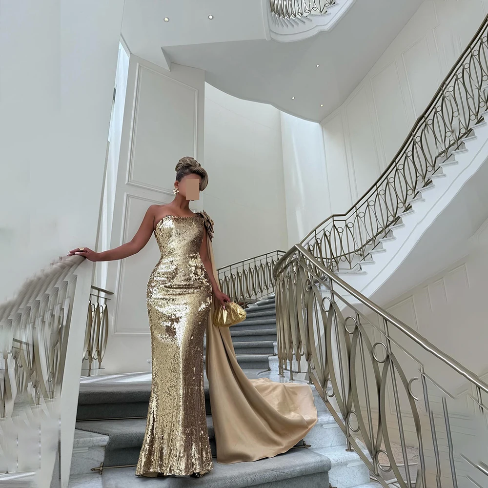 

Luxurious Prom Dresses One Shoulder Sleeveless Gold Evening Dress Sequined Gala Birthday Party Dress Customized robes de soirée