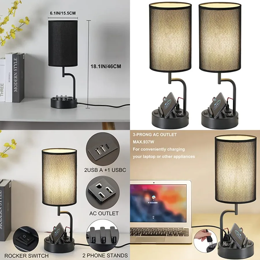 

Table Lamp with 3 USB Charging Ports, Modern Desk Lamp with AC Outlet and Phone Stands, Perfect Bedside Lamp for Bedroom, Livin