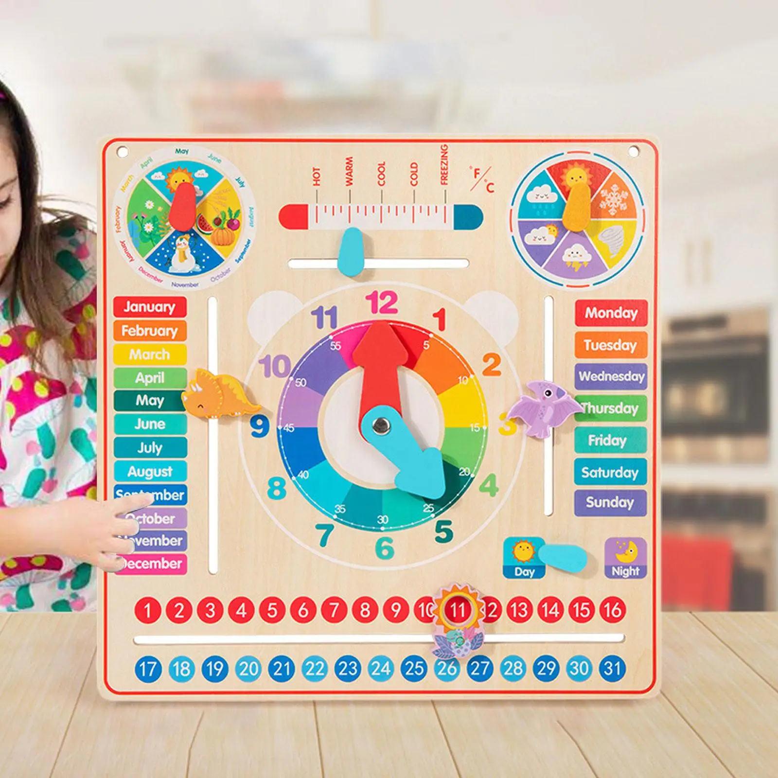 Wooden Educational Clock Board Seasons Days Weather Learning Toys for Kids 3-7 Years Early Childhood Teaching Aid