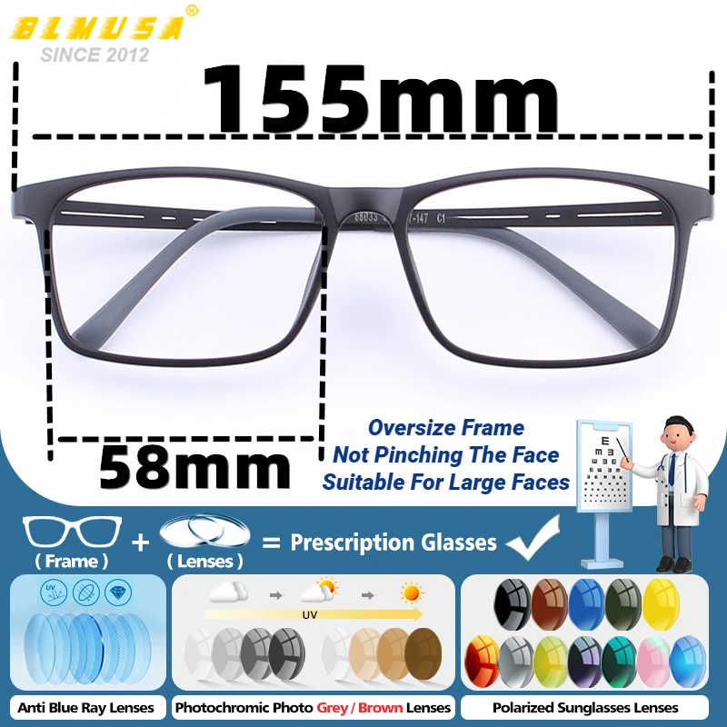 BLMUSA Ultralight Large Frame Prescription Glasses Man Square Titanium Leg Optical Anti Blue Light Multifocal Reading Eyeglasses