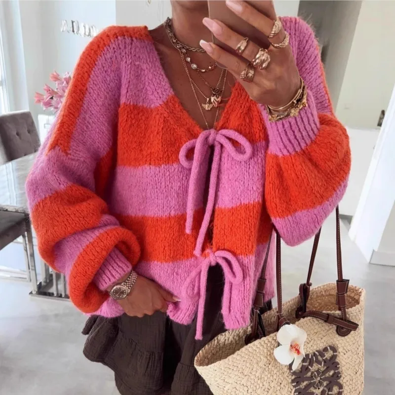 

2025 женский элегантный вязаный свитер в полоску, осень-зима, свободный повседневный кардиган с бантом на шнуровке, пальто, уличная одежда, трикотаж, одежда
