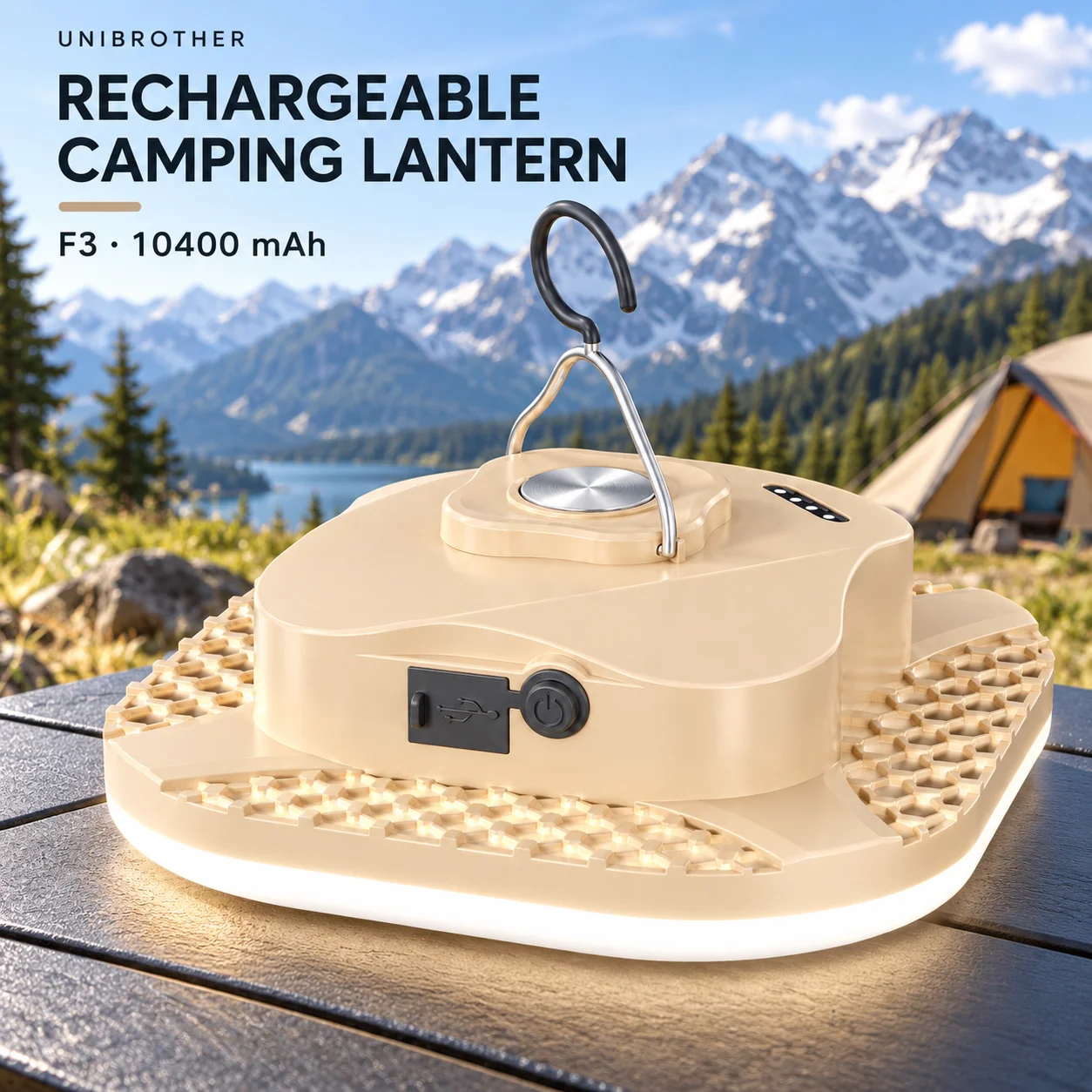 Rechargeable LED Camping Lantern Magnetic Tent Light with Hook 3 Light Modes Stepless Dimming IPX5 Splash Resistant USB Output