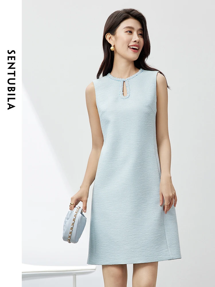 SENTUBILA Hollow Out A-line Dress Women 2024 Summer Slim Fit Solid Above Knee Dress Texture Party Pullover Dress 142L54303