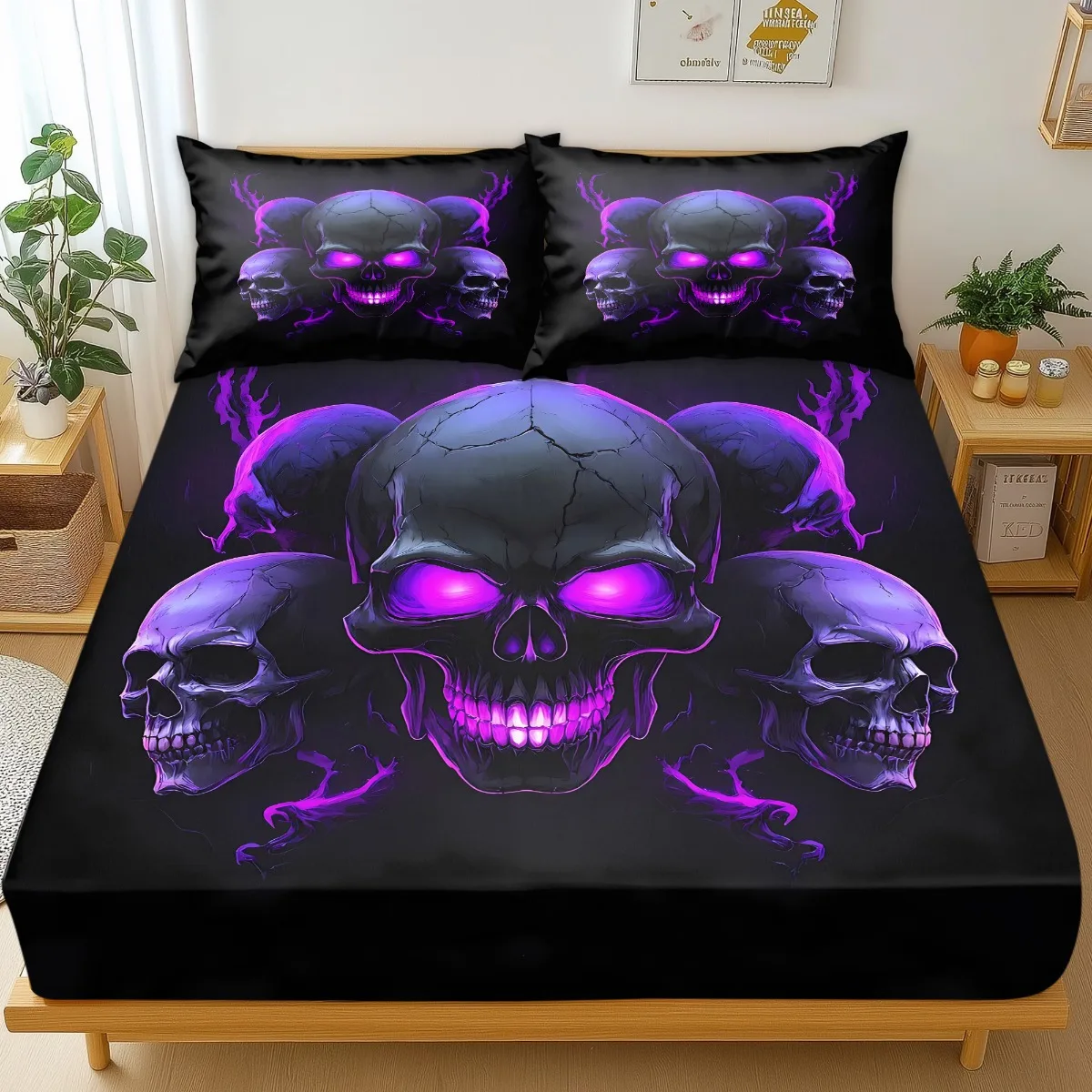 Cool black skull design bedding set, breathable and comfortable mattress protector, made of breathable polyester material (includes 1 fitted sheet + 2 pillowcases). Mattress protector, fitted sheet style with elastic edges, protective cover, mattress cover, fitted sheet bedding, Christmas-themed bedding