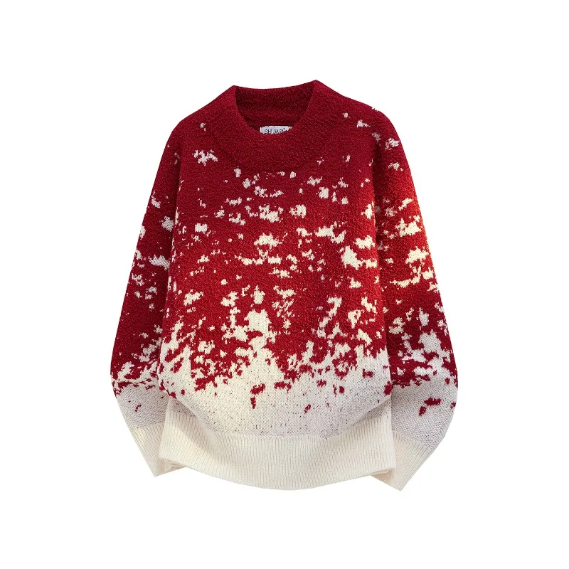 

2025 Winter Men Oversize Snow Splatter Gradient Sweater Warm Fleece Lined Knit Pullover Casual Hip Hop Streetwear