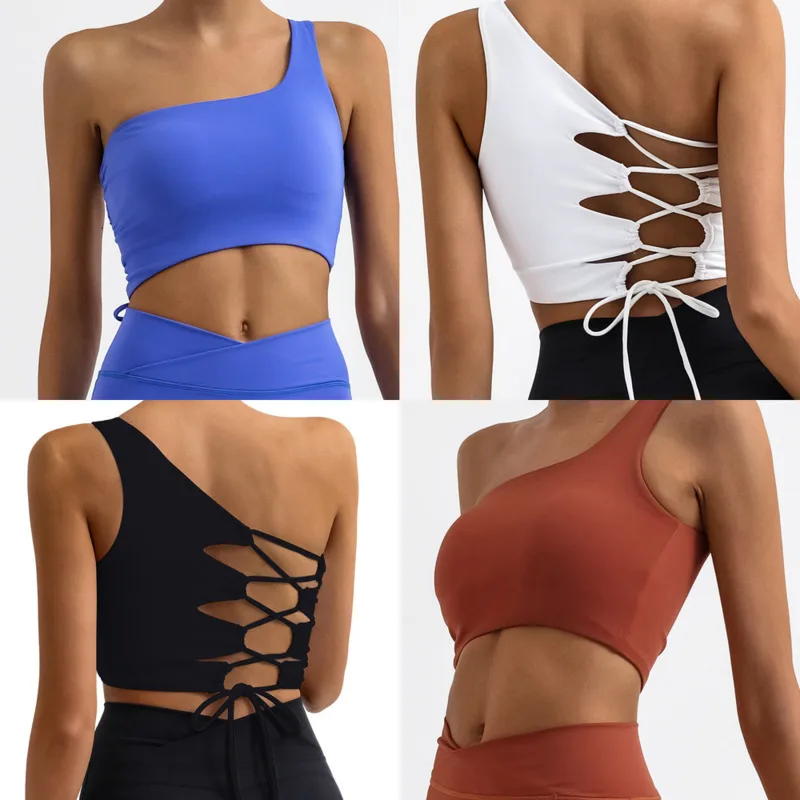 

Sexy Backless Crisscross Yoga Tank Asymmetric Single-Shoulder Sports Top Chic Women's Solid Color Sports Bra With Removable Pads