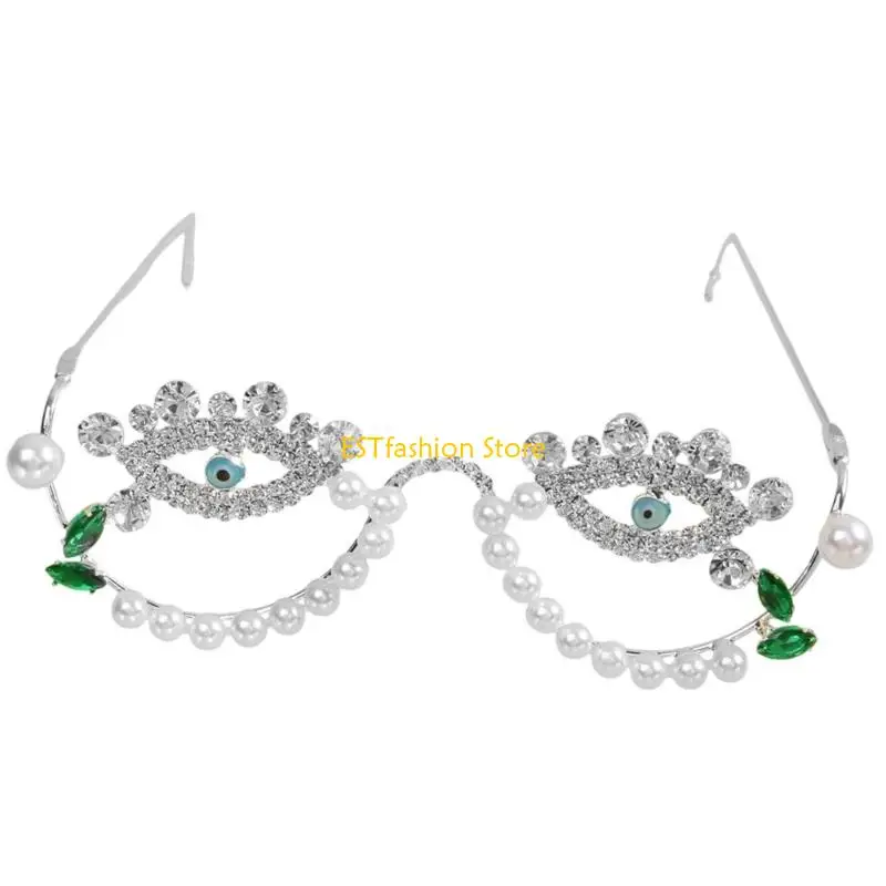 Y5GC Dramatic Costume Prop Metal Glasses Frame with Sparkling Rhinestones Embellishments Costume for Stage Performances