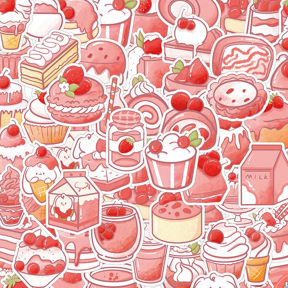 

10/30/60pcs Cute Pink Strawberry Cake Dessert Stickers Kawaii Creative Cartoon Decals Fridge Phone Luggage Graffiti Sticker Pack