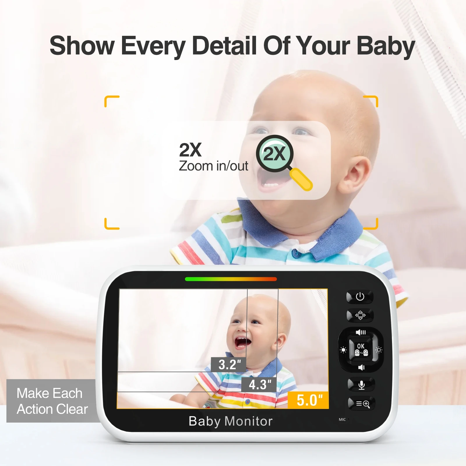 5'.0 Inch Smart Baby Monitor with Two Cameras Baby Phone Pan Tilt  Video baby Monitor