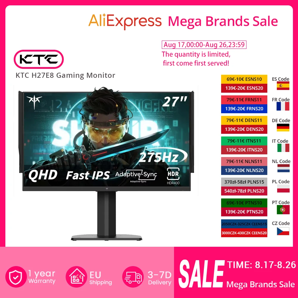 KTC H27E8 Gaming-Monitor, 27-Zoll-2560×1440-Fast-IPS-Bildschirm, 240 Hz Bildwiederholrate & 275 Hz OC, 1 ms MPRT-Reaktionszeit, HDR400, FreeSync- und G-Sync-kompatibel, Low Blue Light & flimmerfrei,