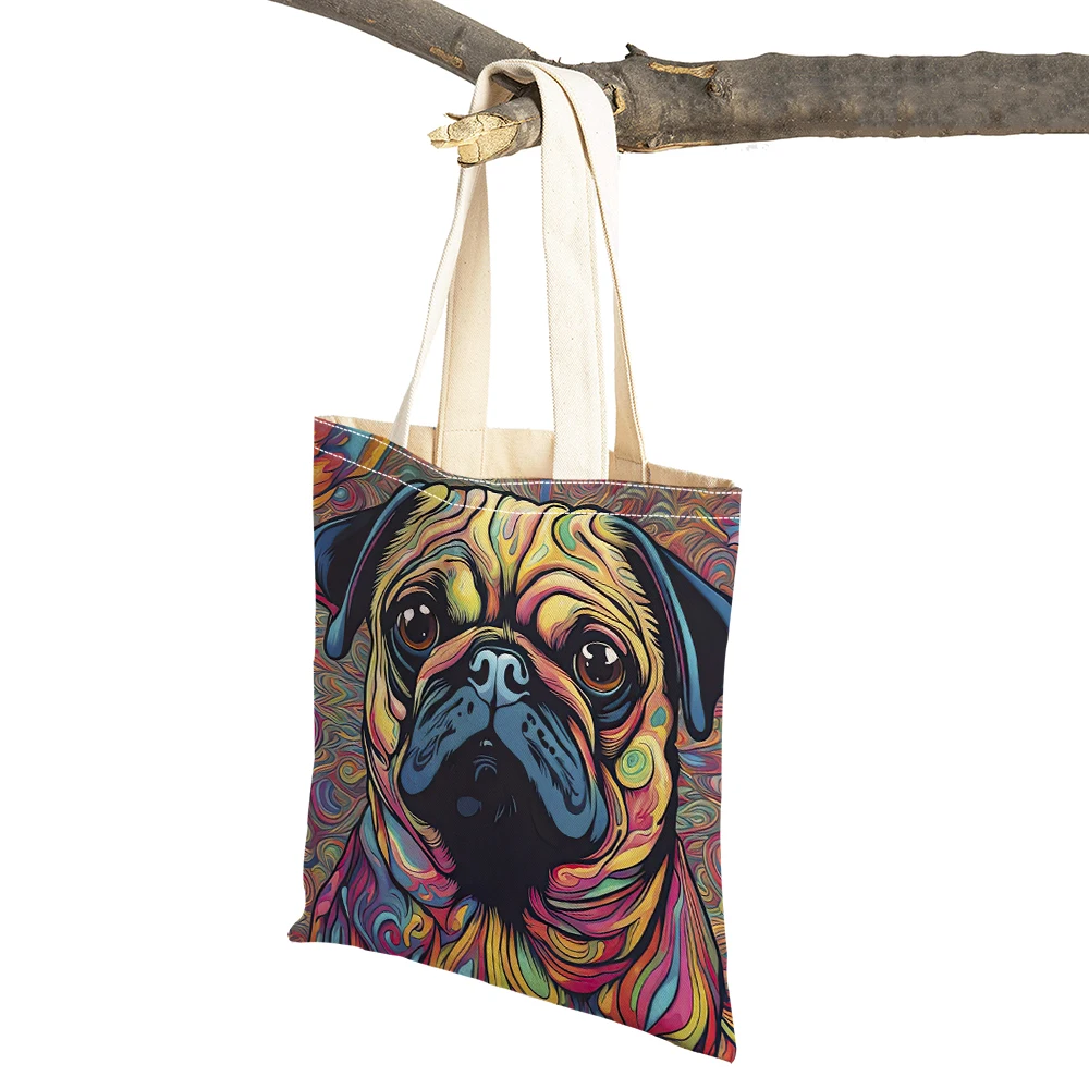 Bolso de mano con estampado de animales de dibujos animados, bolsa de hombro de lona informal, retrato de perro colorido, Boston Terrier, Bulldog